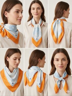 Aqua Panna Handwoven Fleur De Lis Silk Square Scarf - Orange & Light Blue